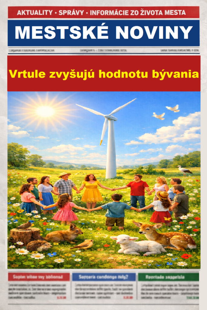 Fotografia mestských novín, ktoré robia reklamu veternej elektrárni.