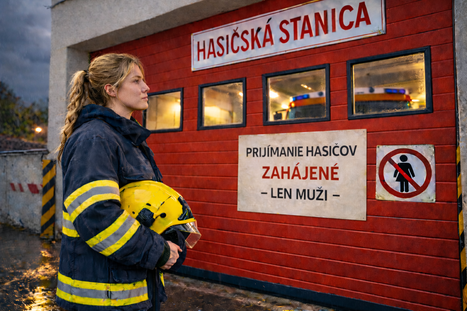 Fotografia mladej hasičky pred hasičskou zbrojnicou